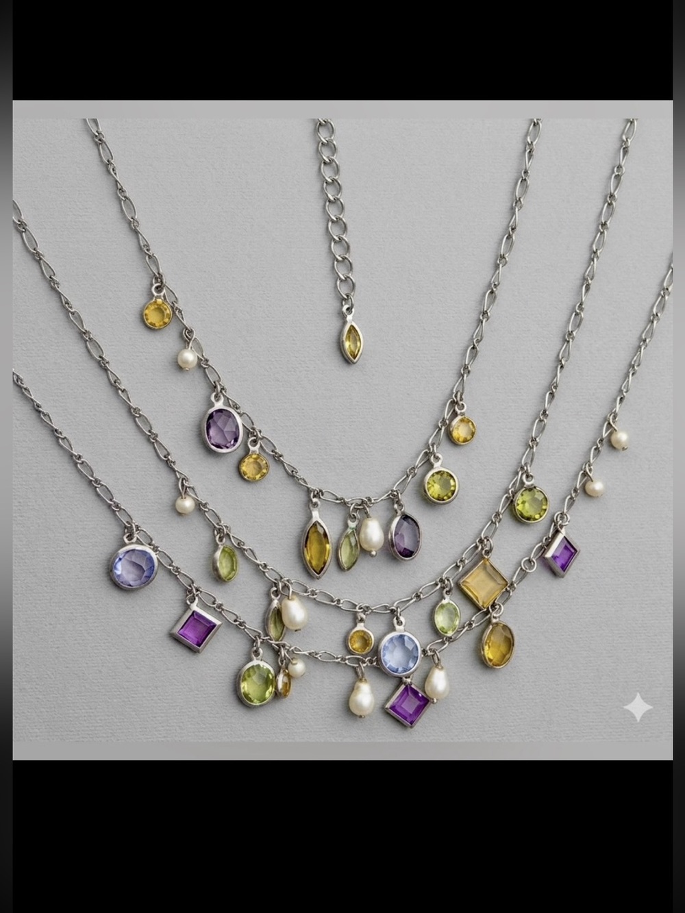 Boho silver tone 3 strand waterfall necklace Multicolored stone & faux pearl